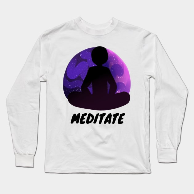 Meditate and Explore the Cosmos Long Sleeve T-Shirt by Colored Stardust